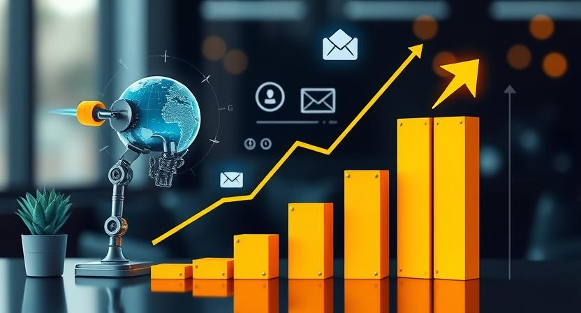 A modern office with small business owners using laptops and smartphones, surrounded by icons of email, social media, SEO, and advertising, all connected by lines forming an AI brain pattern, symbolizing AI marketing automation for small businesses.