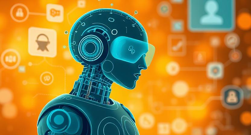 Futuristic AI agent with digital interface, symbolizing AI-driven customer service improvements with n8n and make.com