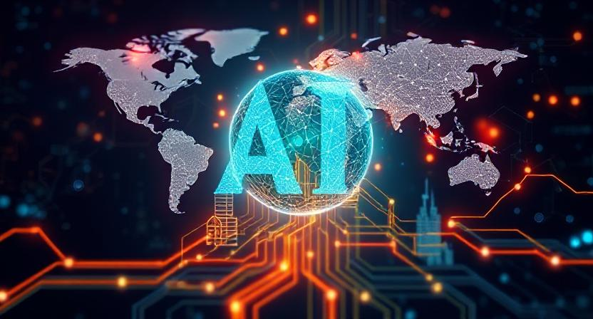 Digital globe with "AI" and circuits, representing scalable AI growth infrastructure for business transformation