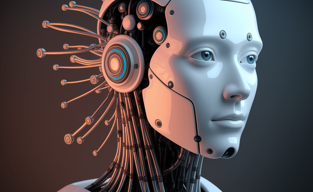 A modern office with employees working alongside smart devices and robotic arms, illustrating the integration of AI automation in small businesses.